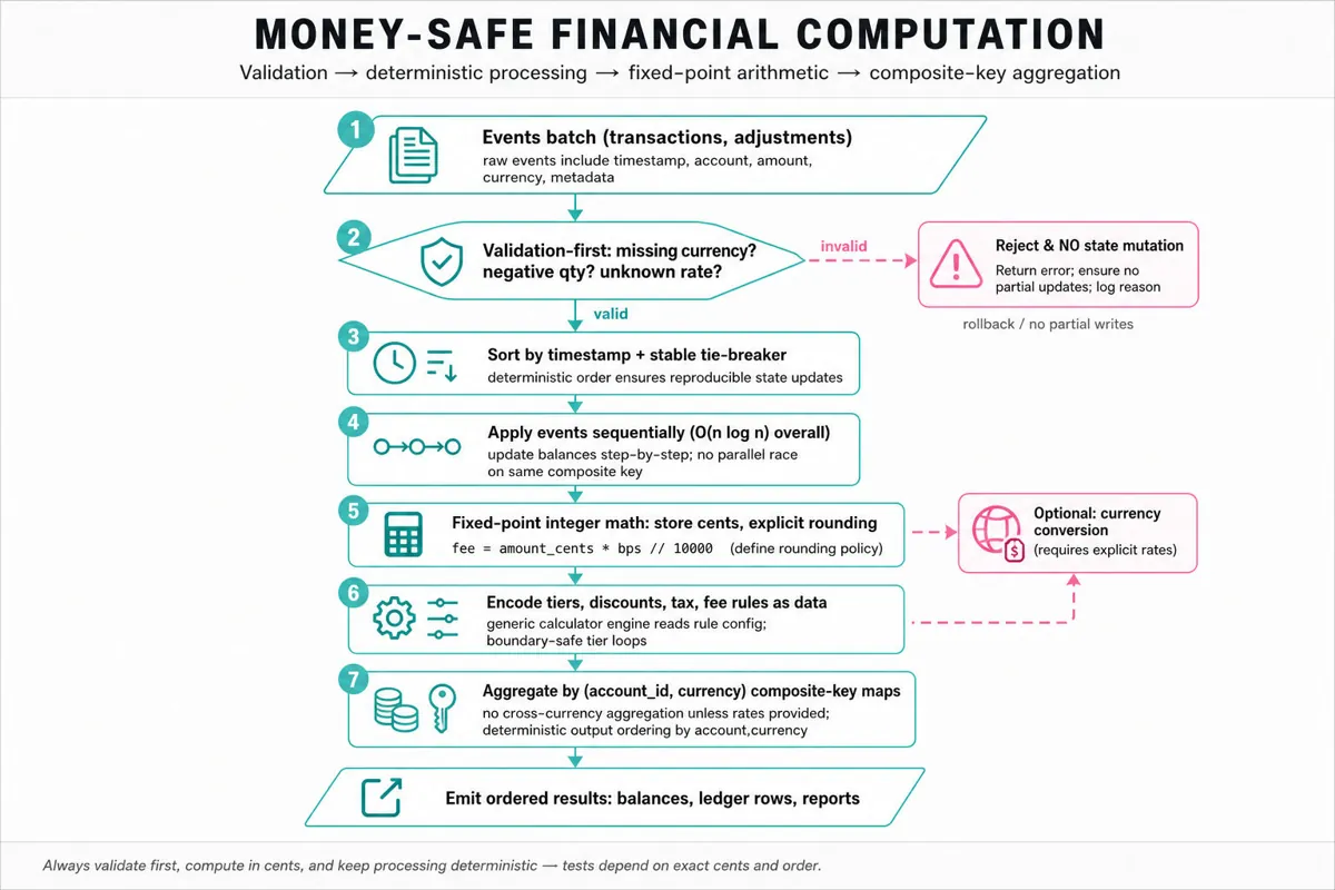 Top-to-bottom flowchart showing a money-safe processing pipeline: input events → validation (reject branch) → sort → apply fixed-point calculations → config-driven calculators → composite-key aggregation → ordered output.
