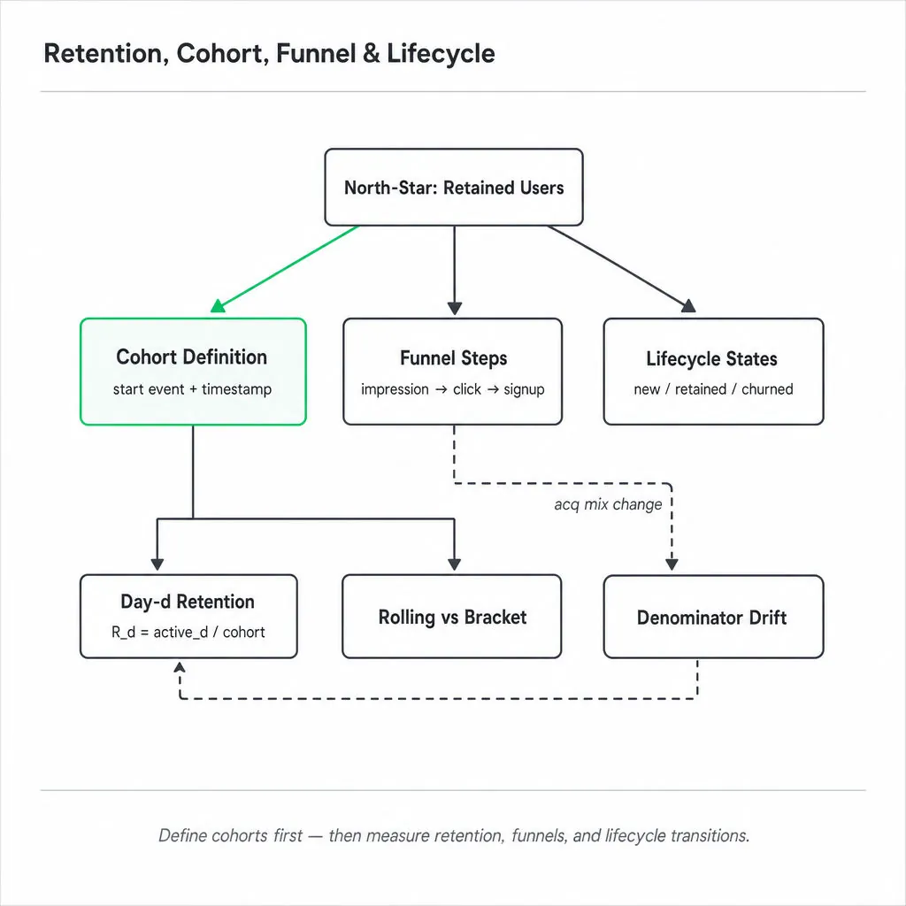 Hierarchical metric tree: top North-Star 'Retained Users', drill-down nodes including highlighted 'Cohort Definition', and branches to retention, funnels, lifecycle, and denominator drift.