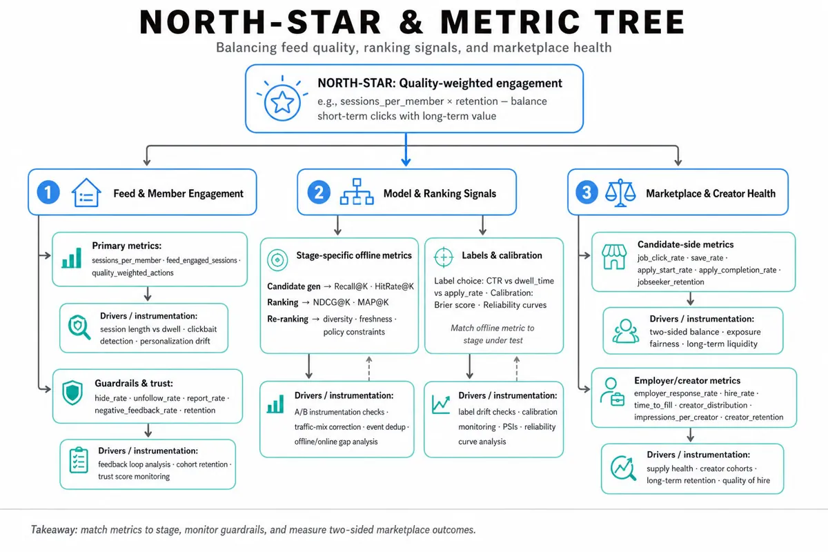 Top-down metric tree for recommender systems: north-star metric at top branching into Feed & Member Engagement, Model & Ranking Signals, and Marketplace & Creator Health with drill-down submetrics and diagnostics.