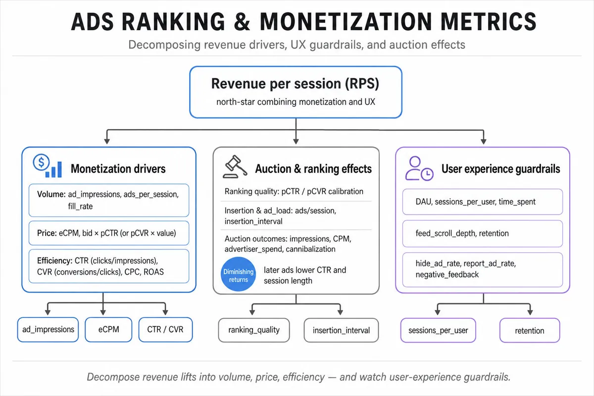 Hierarchical metric tree with 'Revenue per session' at the top, branching into Monetization drivers, User experience guardrails, and Auction & ranking effects, each with specific metric nodes below.