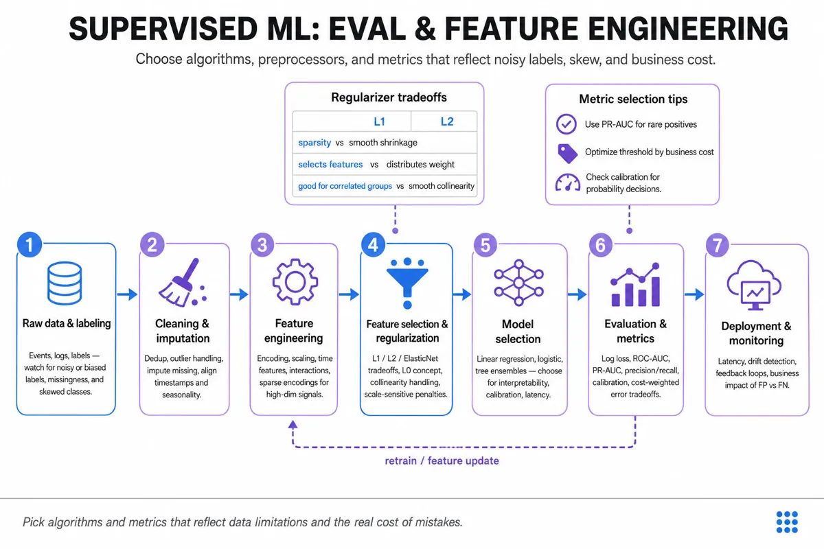 Horizontal editorial infographic pipeline from raw data to deployed supervised model, showing feature engineering, regularization, model choice, and evaluation metrics with callouts for tradeoffs.