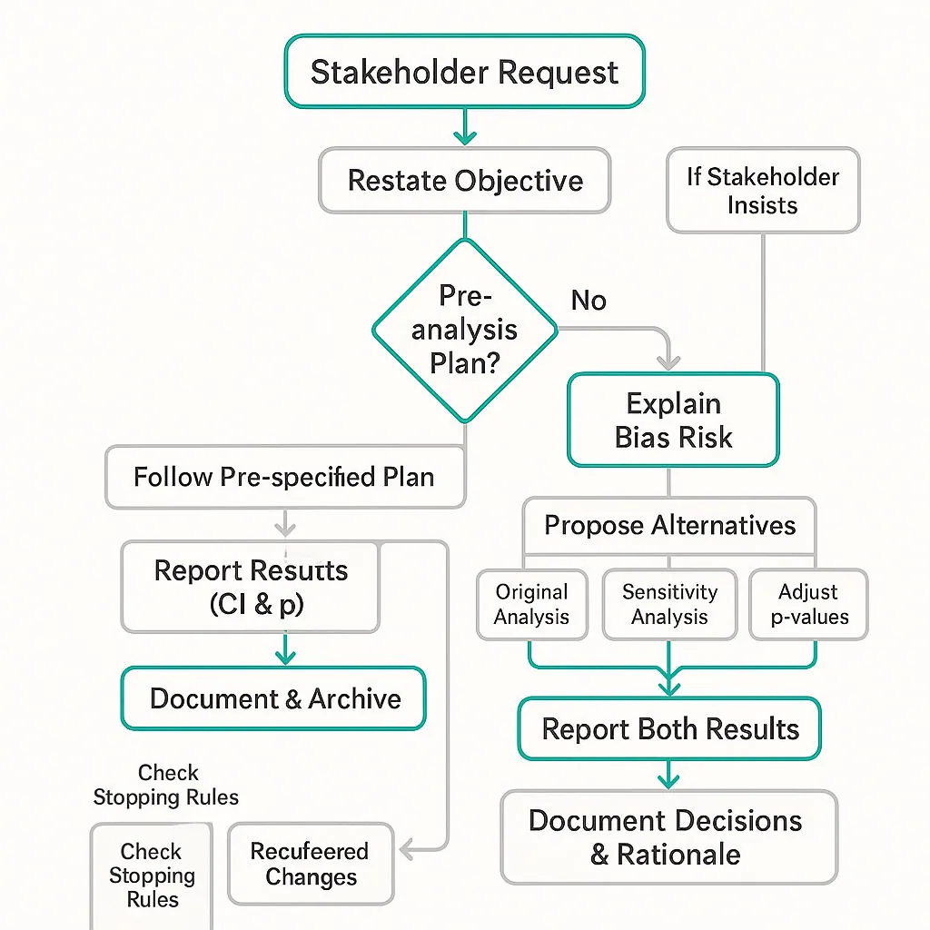 Flowchart for handling stakeholder requests while preserving analytical integrity: check pre-analysis plan, run original and sensitivity analyses, document decisions, communicate uncertainty, recommend follow-up.
