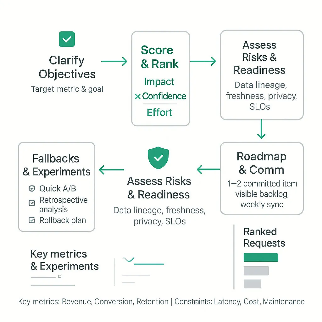 Clean flow diagram: Clarify objectives → Gather requests → Score (Impact×Confidence÷Effort) → Assess risks/data readiness → Assign RACI → Roadmap & cadence, with quick-wins and fallback notes.