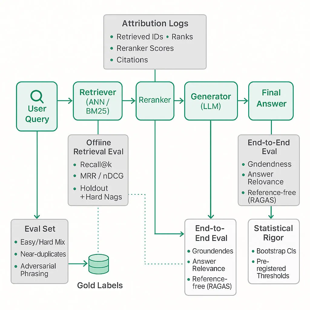Square diagram of RAG retrieval-evaluation pipeline: Query → Retriever → Candidate Passages → Reranker → Top-K Context → Generator → Final Answer, with branches to offline metrics, end-to-end eval, online signals, attribution logs, and statistical rigor.