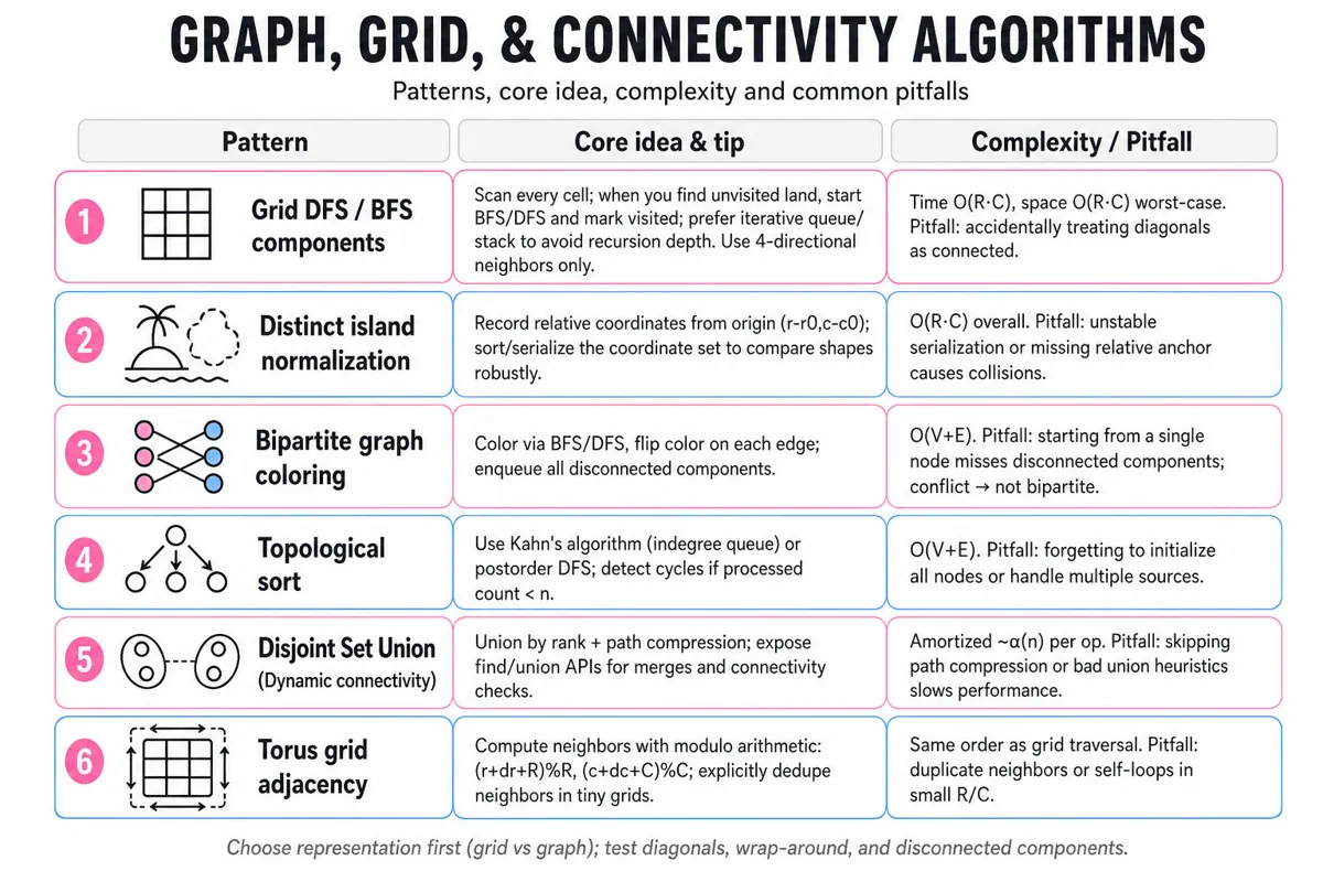 Three-column editorial infographic table comparing six graph/grid connectivity algorithm patterns (Pattern, Core idea & tip, Complexity / Pitfall) with a title band and footer.