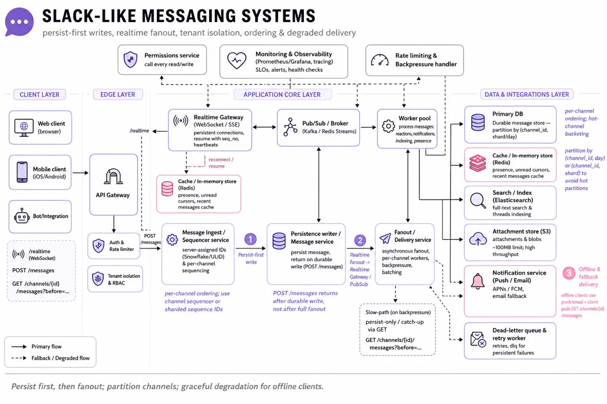 Architecture infographic of a Slack-like multi-tenant messaging system showing clients, API gateway, realtime gateway, sequencer, fanout/PubSub, durable storage, cache, search, attachments, notification service, and monitoring with arrows for persist-first and real-time delivery flows.