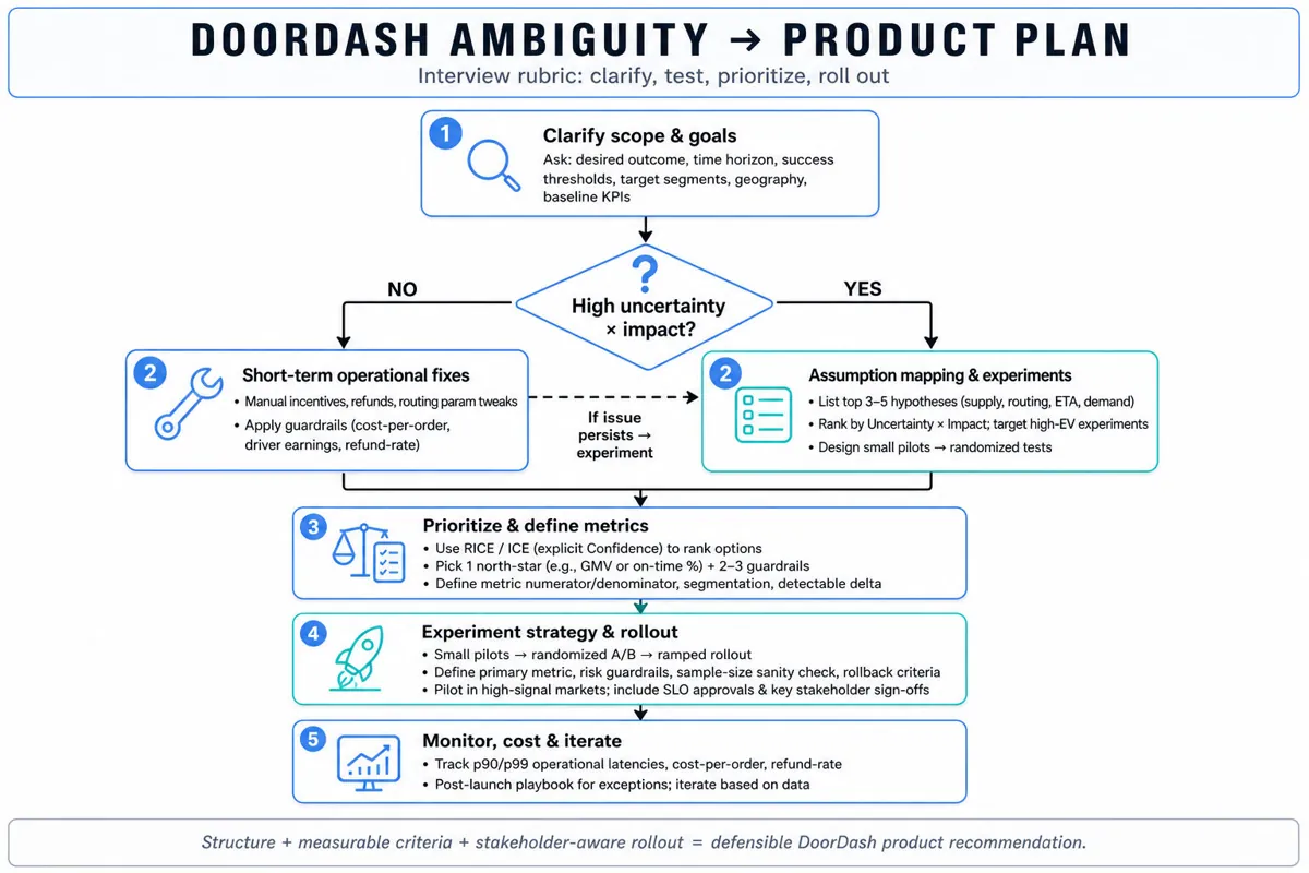 Top-to-bottom flowchart showing steps for DoorDash interview product framing: Clarify scope → decision on uncertainty → assumption mapping or ops fixes → prioritize & set metrics → experiment & rollout → monitor and iterate.
