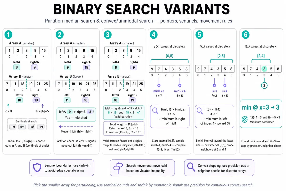 Six-frame horizontal infographic tracing partition binary search for median on two sorted arrays and convex/ternary search on a unimodal array; shows pointers, sentinels, and one-line captions.