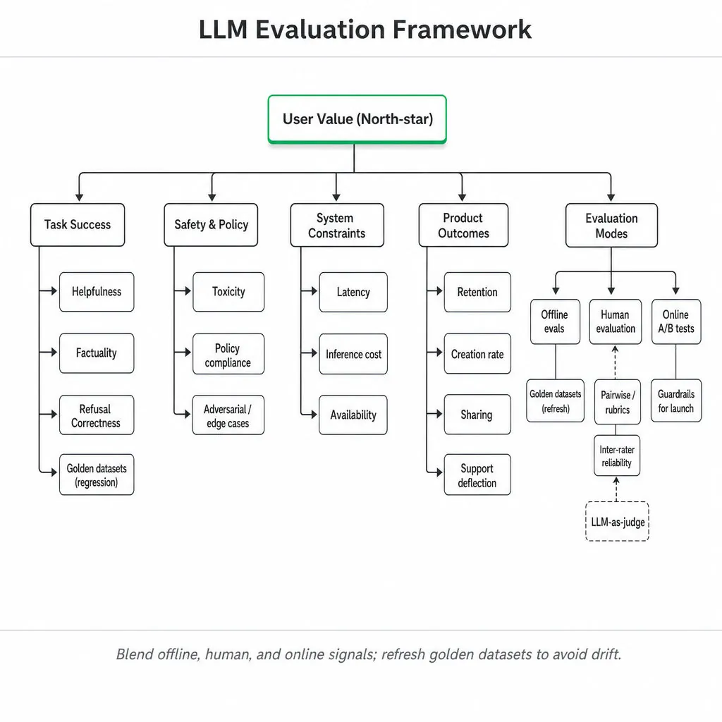 Hierarchical metric tree for LLM evaluation: top highlighted 'User Value (North-star)' with branches to Task Success, Safety & Policy, System Constraints, Product Outcomes, and Evaluation Modes.