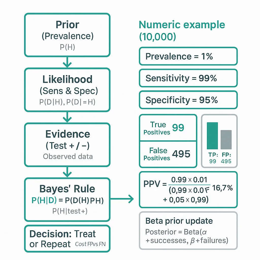 Clean flowchart of Bayes' rule: Prior → Likelihood → Evidence → Bayes formula → Posterior → Decision, with a right-side numeric medical-test example (1% prevalence, 99% sens, 95% spec) and TP/FP counts.