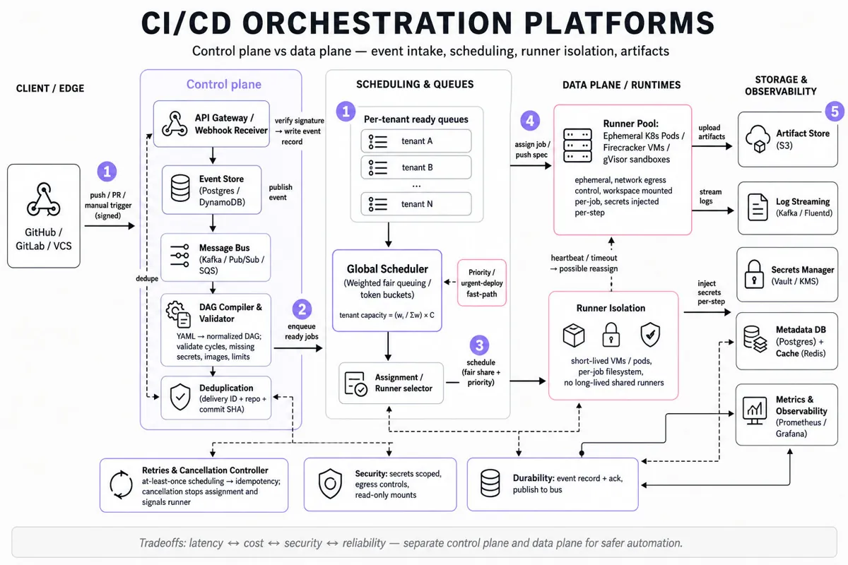 Architecture infographic of a CI/CD orchestration platform: control plane (webhook receiver, DAG compiler, scheduler, tenant ready-queues) on the left and data plane (ephemeral runners, artifact store, logs, secrets) on the right with arrows showing flow.
