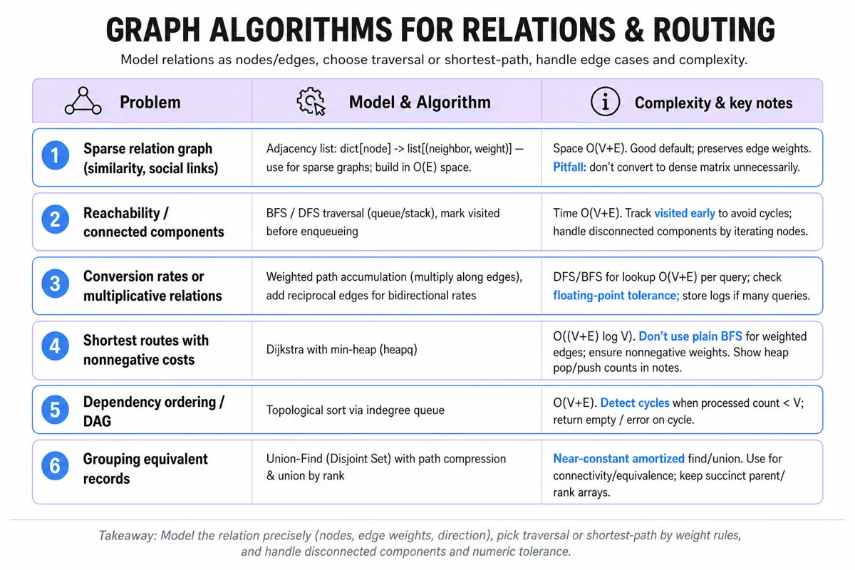Three-column editorial infographic table comparing graph modeling patterns: Problem, Model & Algorithm, Complexity & Notes, with header band and a one-line takeaway footer.