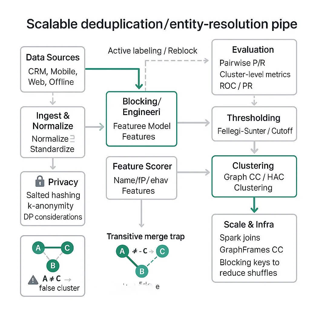 Square diagram of entity-resolution pipeline: data sources → blocking/indexing → candidate pairs → feature engineering → pairwise scorer → threshold → clustering → canonical merge, with infra and evaluation annotations.