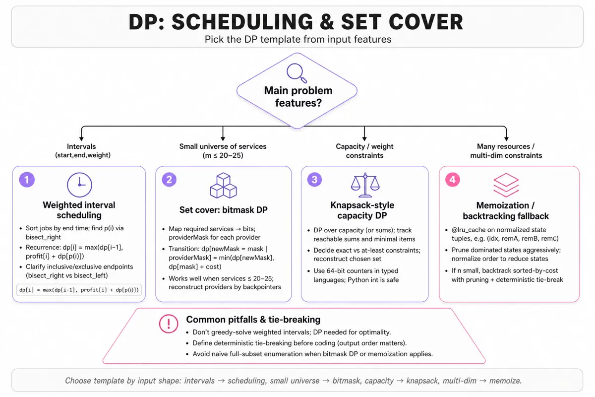 Top-to-bottom decision flowchart that routes problem features to DP templates: weighted interval scheduling, bitmask set cover, knapsack-style DP, memoized multidimensional DP, plus a tips & pitfalls card.