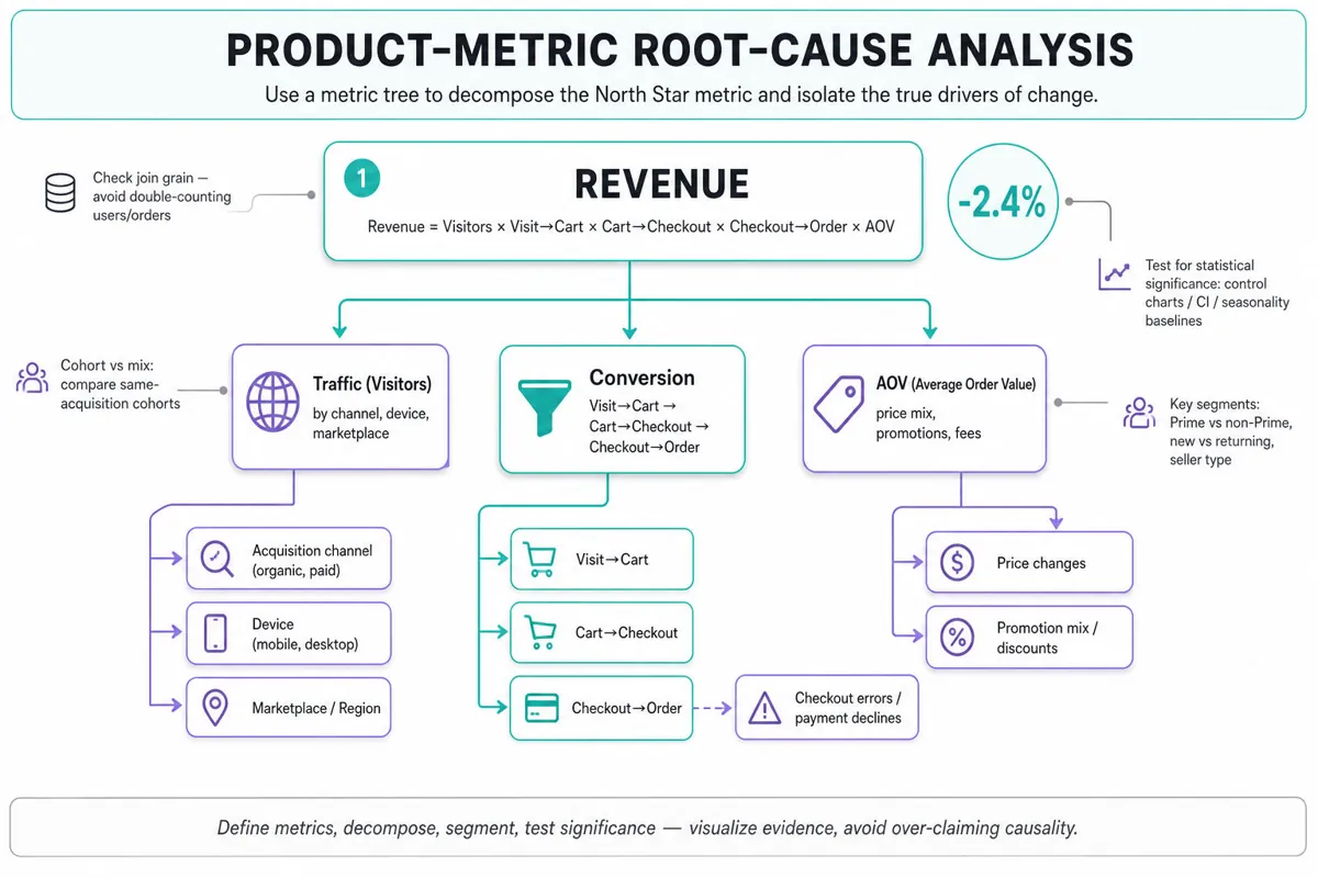 Hierarchical metric tree: Revenue at top, then Traffic / Conversion / AOV, with further breakdowns (Visit→Cart → Checkout → Order), segmentation leaves and statistical callouts.