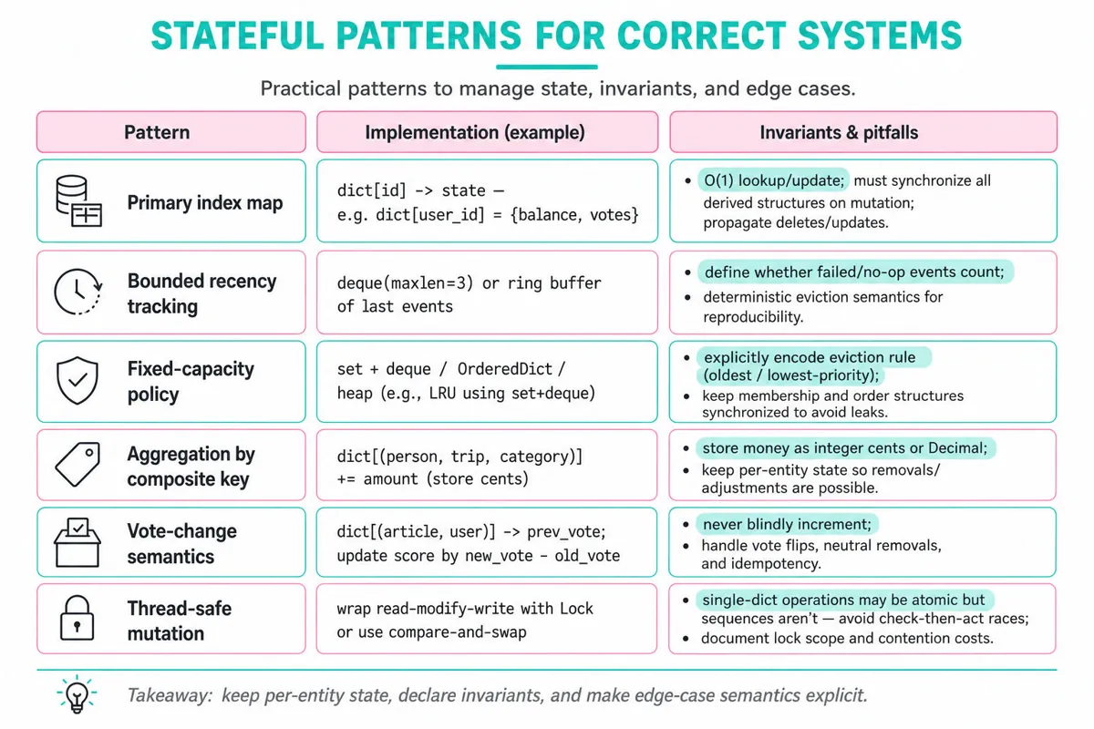 Three-column editorial infographic comparing stateful in-memory patterns: Pattern, Implementation example, and Invariants & pitfalls — six rows with pastel teal/pink highlights and a short takeaway footer.
