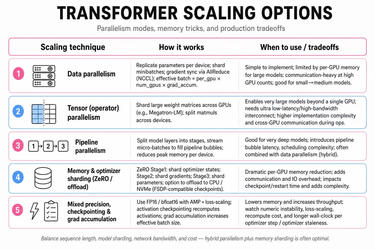 Three-column editorial infographic comparing transformer scaling techniques: Data / Tensor / Pipeline parallelism, ZeRO sharding, mixed precision and checkpointing, with pros/cons and when to use each.
