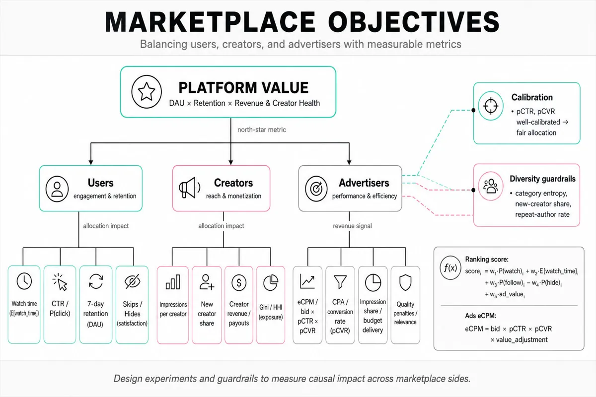 Hierarchical metric tree: top-level Platform Value (DAU, Revenue, Creator Health) branching to Users, Creators, Advertisers, then to concrete metrics; ranking & ads formula callouts on the right.