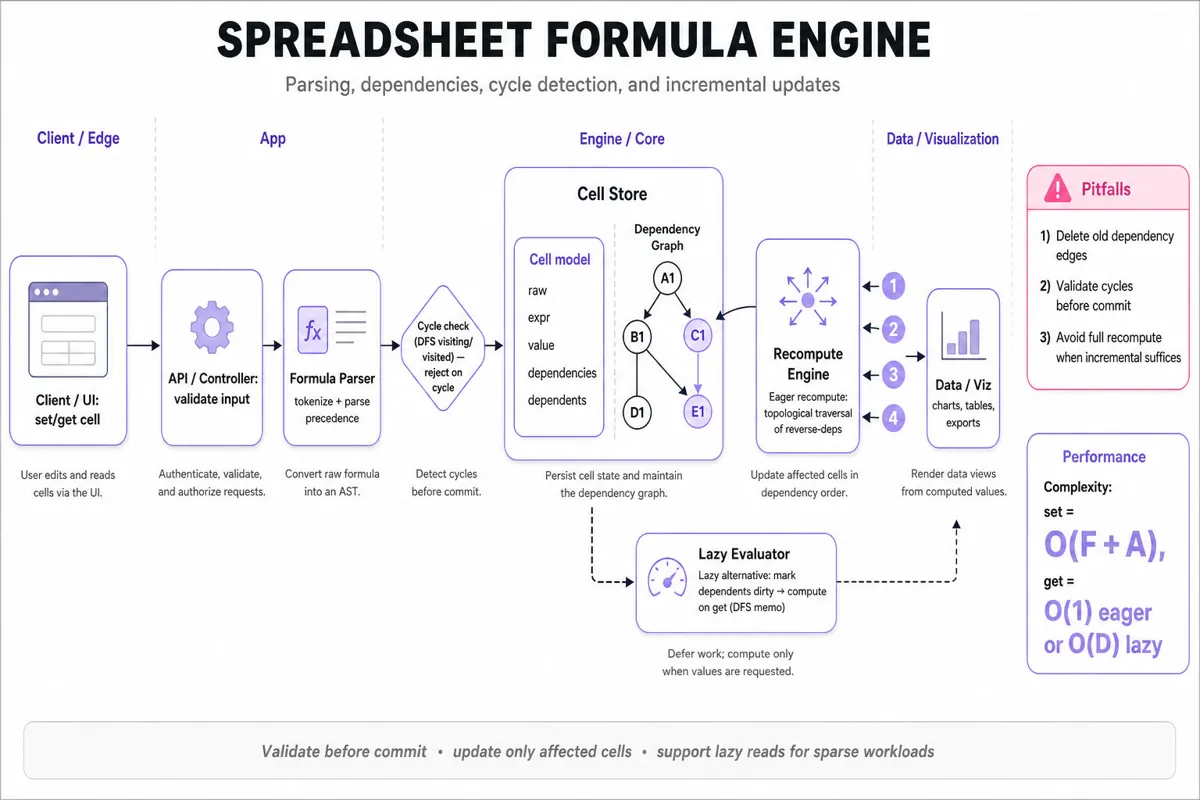 Clean system-architecture infographic of a Spreadsheet Formula Engine: UI input → parser → cell store & dependency graph → cycle detector → recompute engine (eager) with reverse-dependency propagation; alternate lazy path shown dashed.