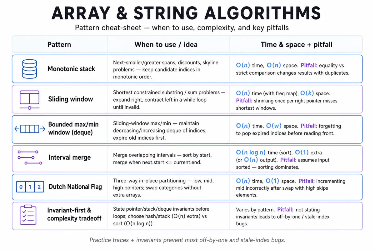 Three-column infographic table summarizing six array & string algorithm patterns with when-to-use guidance, time/space, and common pitfalls.