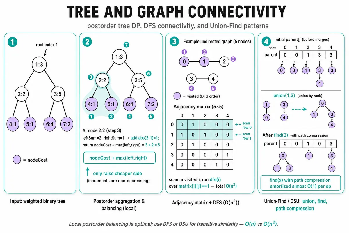 Four-frame horizontal infographic: weighted binary tree and postorder aggregation; adjacency matrix + DFS traversal; Union-Find parent array before/after path compression — algorithm steps annotated.