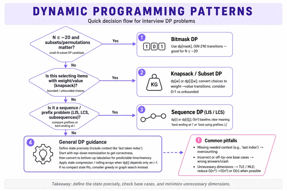 Top-to-bottom decision flowchart guiding which dynamic programming pattern to use: bitmask, knapsack, sequence, or general DP with tips and common pitfalls.