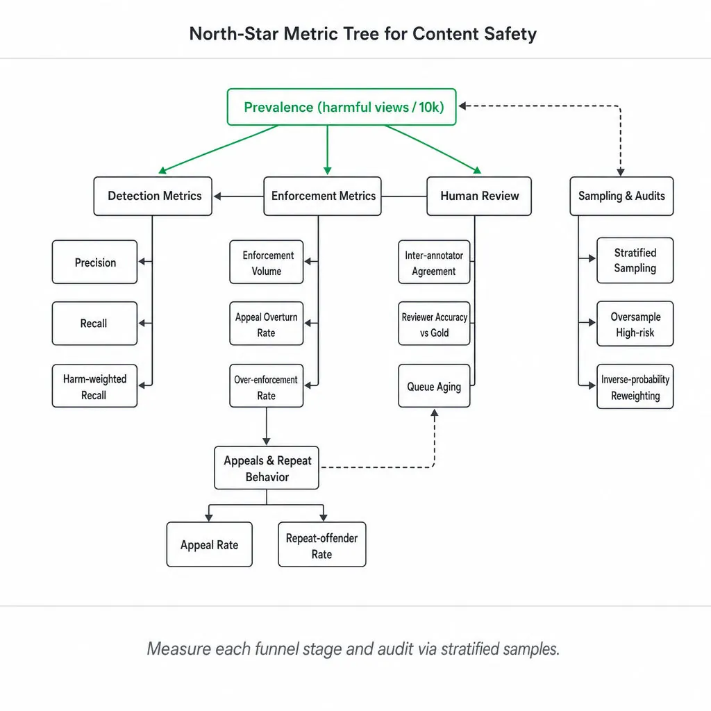 Hierarchical metric tree for trust & safety measurement; 'Prevalence' highlighted in emerald with branches for Detection, Enforcement, Human Review, Sampling, Appeals & Repeat Behavior.