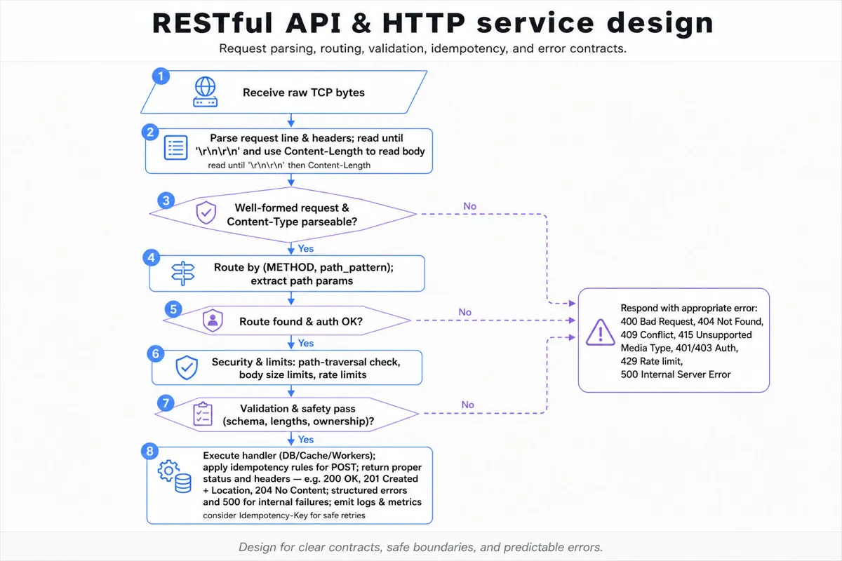 Top-to-bottom flowchart of HTTP/REST request handling: receive bytes, parse request & body, validate content-type, route by (METHOD,path), auth and security checks (path traversal, size), input validation & idempotency, execute handler and return appropriate status codes with logging.
