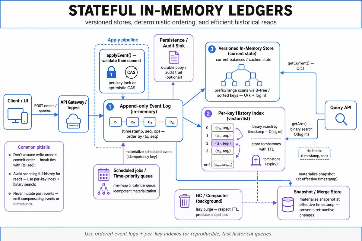 Clean system-design infographic showing client → API → validation → append-only event log → per-key history index + versioned in-memory store; query paths for current and historical reads, tombstone GC, scheduler, snapshots.