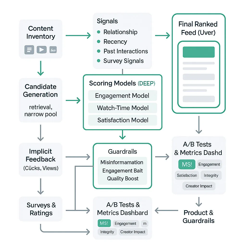 Clean diagram of Meta News Feed ranking pipeline: inventory → candidate generation → scoring models → re-rankers with guardrails → final feed, plus feedback loop from user behavior & surveys to models and A/B testing/metrics dashboard.