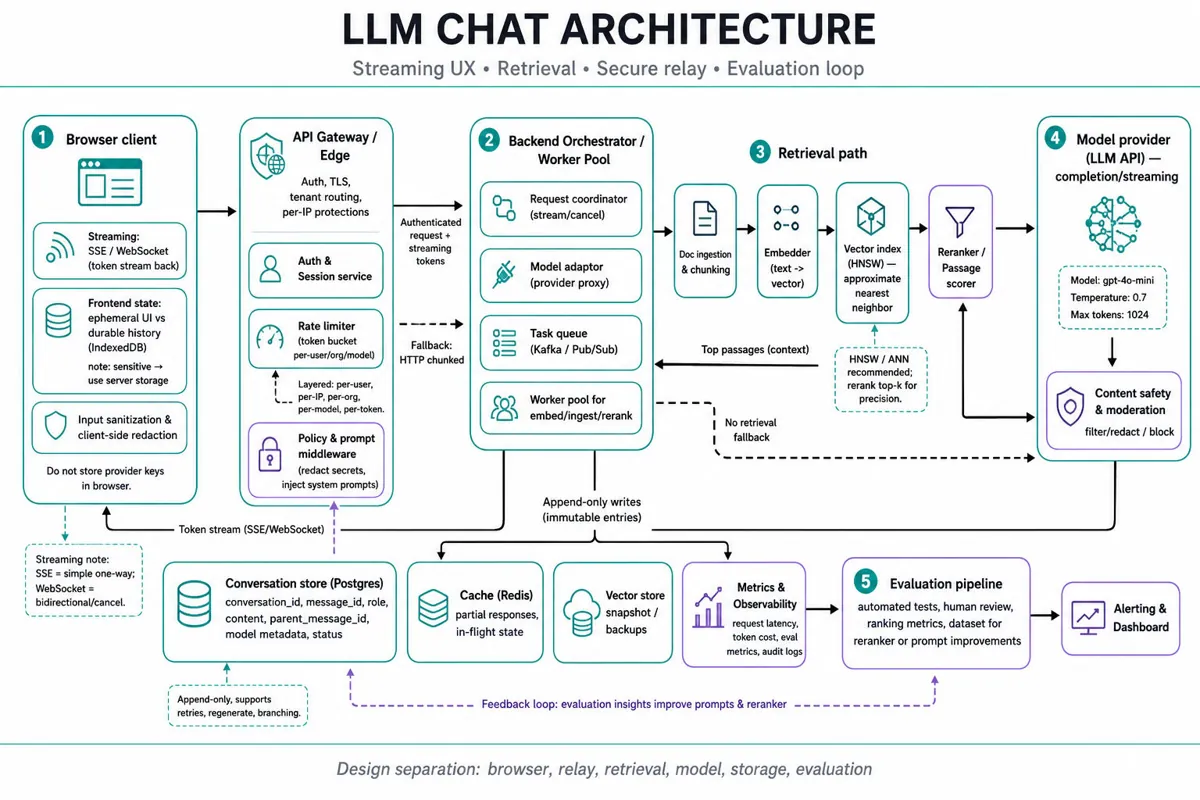Landscape editorial architecture infographic showing LLM chat app: client (browser SSE/WebSocket, local state), API gateway and backend relay (auth, rate limiter), retrieval pipeline (ingest, embedder, HNSW vector store, reranker), model provider (LLM API), storage (Postgres conversation store, Redi