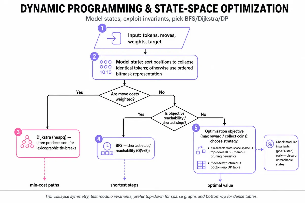 Top-to-bottom decision flowchart guiding how to model movement/collision problems: canonicalize/bitmask, then choose Dijkstra, BFS, or DP (top-down vs bottom-up), with a footer tip about invariants and pruning.