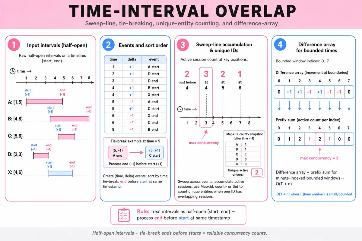 A clean 4-frame horizontal trace of the sweep-line algorithm: input timeline of half-open intervals, sorted (time, delta) events with tie-break ordering, sweep accumulation with unique-ID map, and a difference-array prefix-sum example.