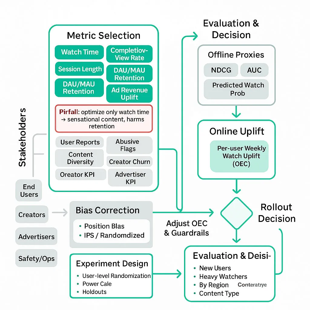 Square flow diagram: stakeholders → OEC + guardrails → data collection → bias correction → user-randomized experiments → evaluation (offline proxies & online uplift) → monitoring and slice analysis, feedback loop.
