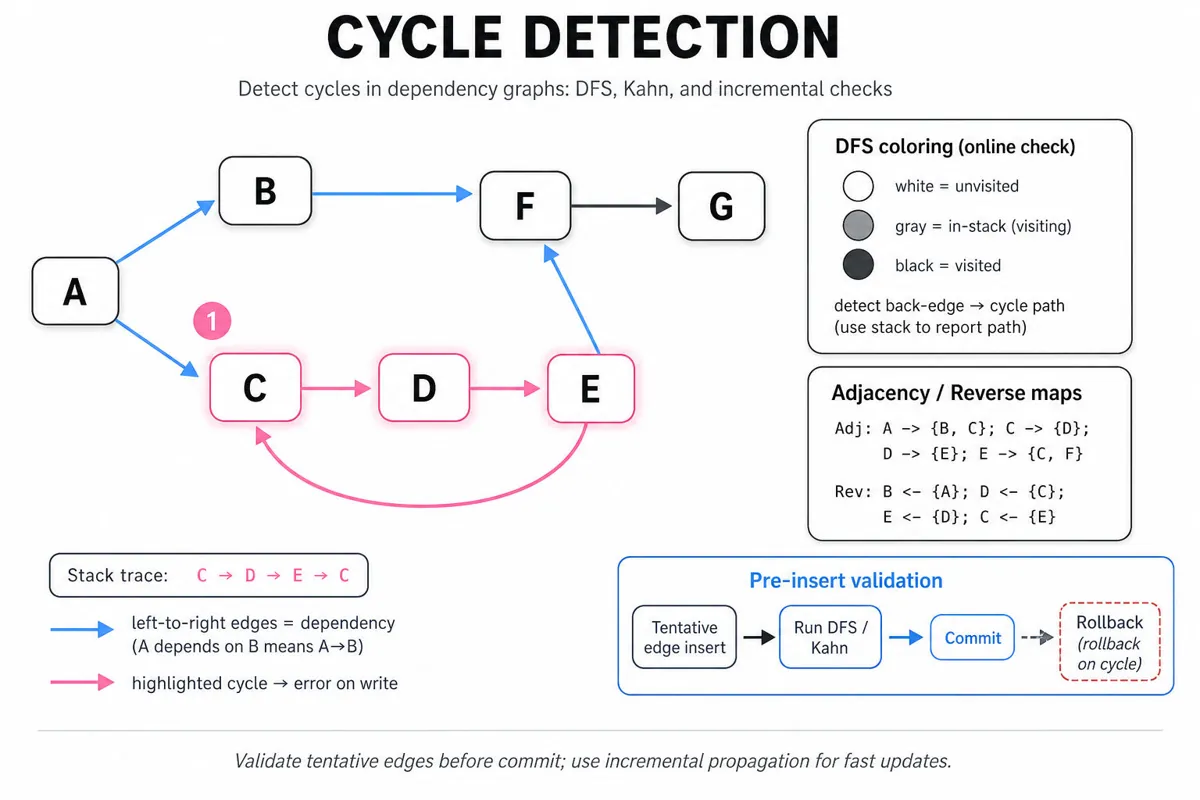 Clean infographic showing a directed dependency graph with a highlighted cycle (C→D→E→C), legend for DFS coloring, adjacency & reverse maps, and a small validation callout.