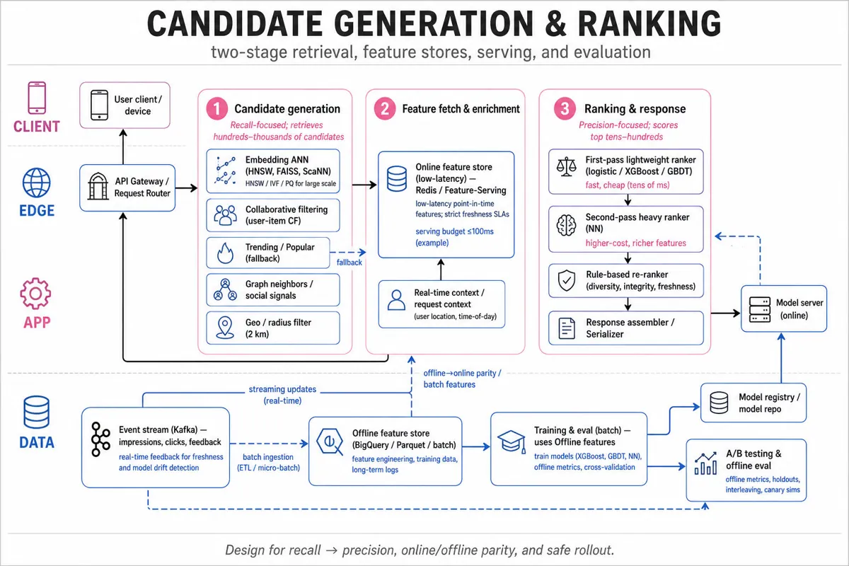 Clean architecture diagram of a two-stage recommender: client → candidate generation (ANN, CF, trending, geo) → online feature store → first-pass ranker → heavy ranker → re-ranker → response; offline feature store, event stream, training and eval loop.