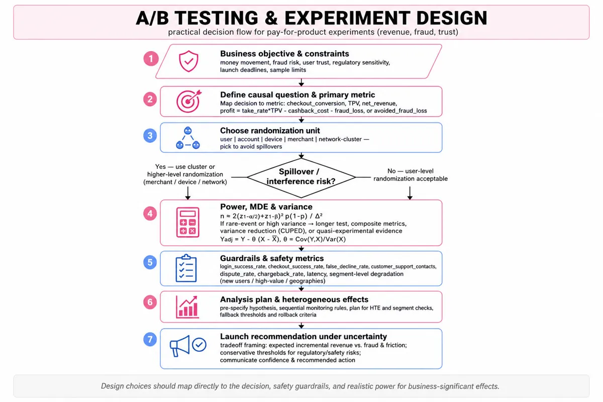 Top-to-bottom flowchart for A/B test and experiment design: inputs, define causal question & metric, choose randomization unit, spillover decision, power & variance reduction, guardrails & monitoring, analysis/HTE plan, launch recommendation.