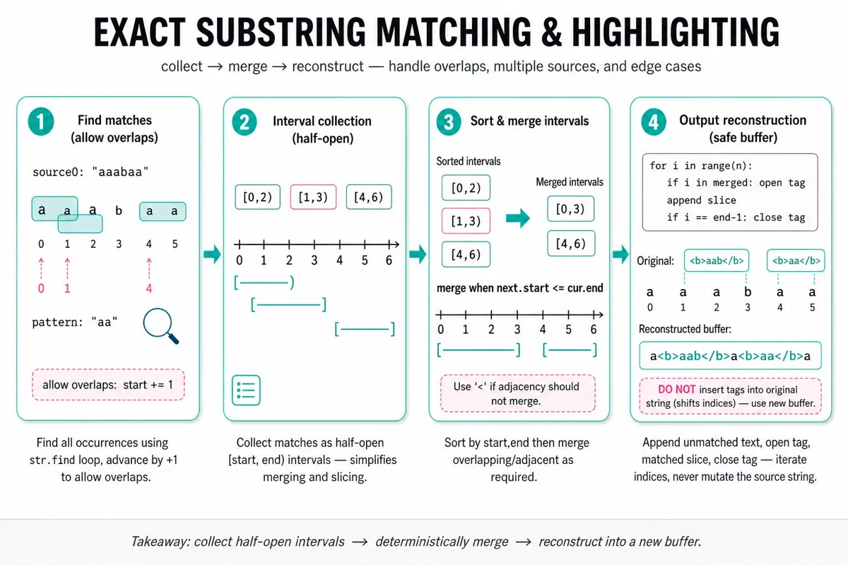 Four-frame horizontal infographic tracing exact substring matching: input + found matches, interval collection, sort-and-merge intervals, and safe output reconstruction with tagged matches and common pitfalls.
