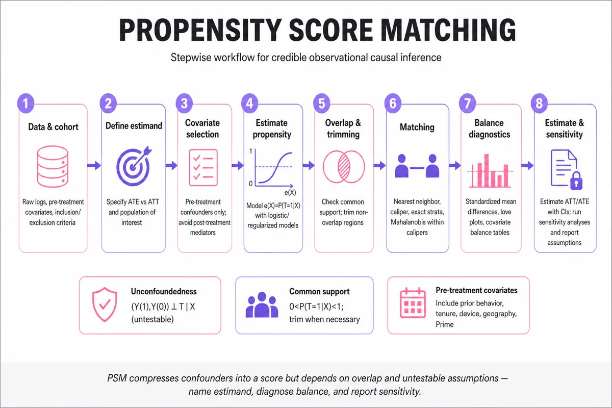 Horizontal pipeline infographic showing steps of propensity score matching from data to effect estimate with diagnostics and assumptions.
