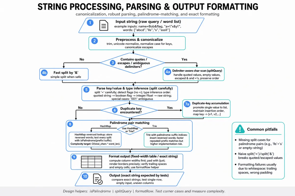 Top-to-bottom flowchart of a string-processing pipeline: input → preprocess → delimiter-aware split or fast split → type inference & duplicate-key handling → palindrome matching (HashMap vs Trie) → fixed-width formatting → exact output, with a side pitfalls callout.