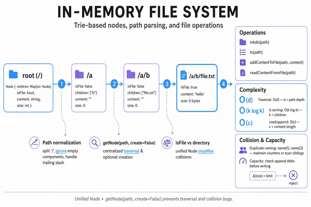 Clean node-diagram of an in-memory filesystem trie: root → directories → file node, showing Node fields (children map, isFile, content, size), highlighted traversal to /a/b/file.txt, operation labels and complexity callouts.