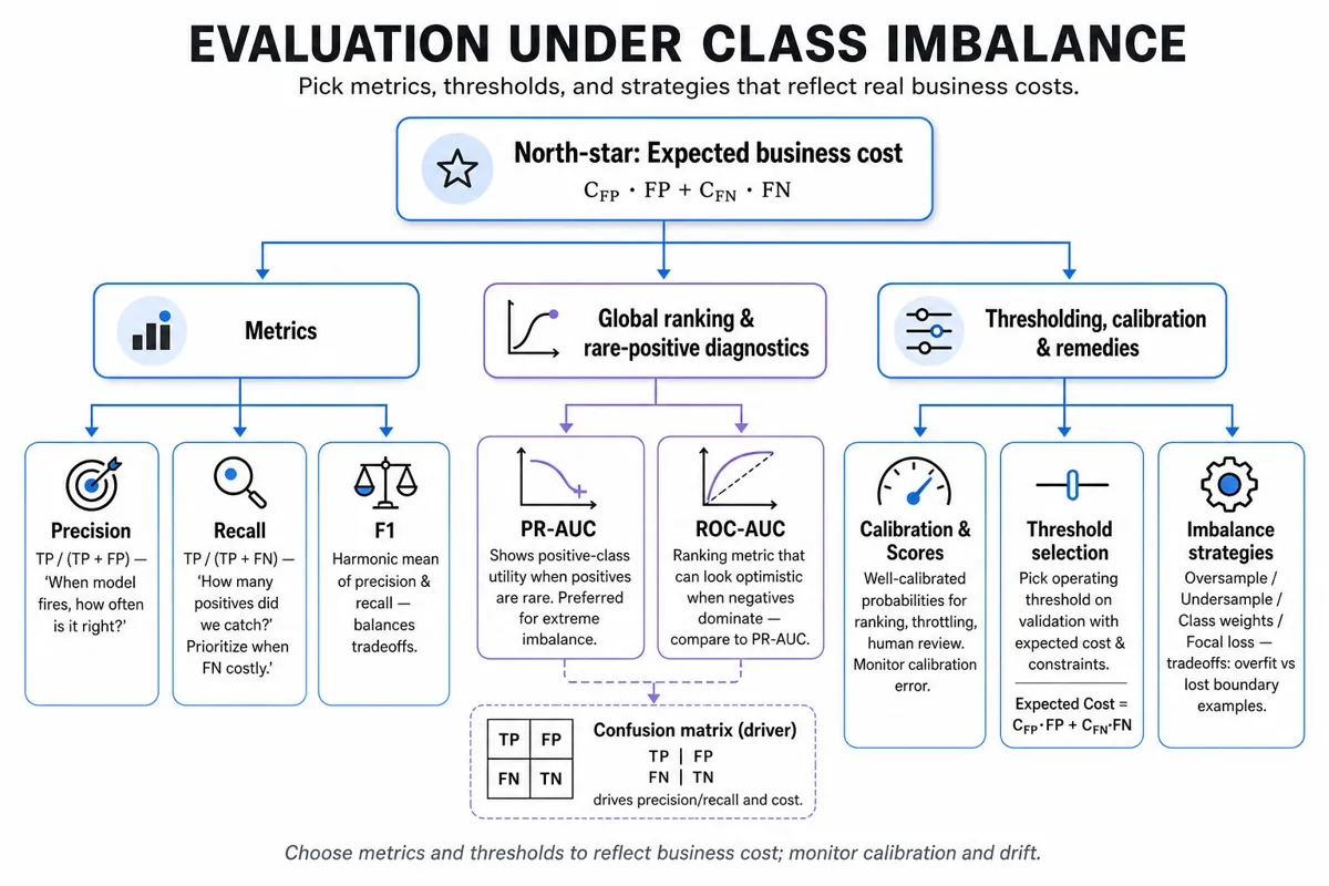 Hierarchical metric tree: top node 'North‑star: Expected cost (C_FP·FP + C_FN·FN)' branching to three areas — Metrics, Threshold & Calibration, Class‑imbalance strategies — with specific metric formulas and short tradeoffs.