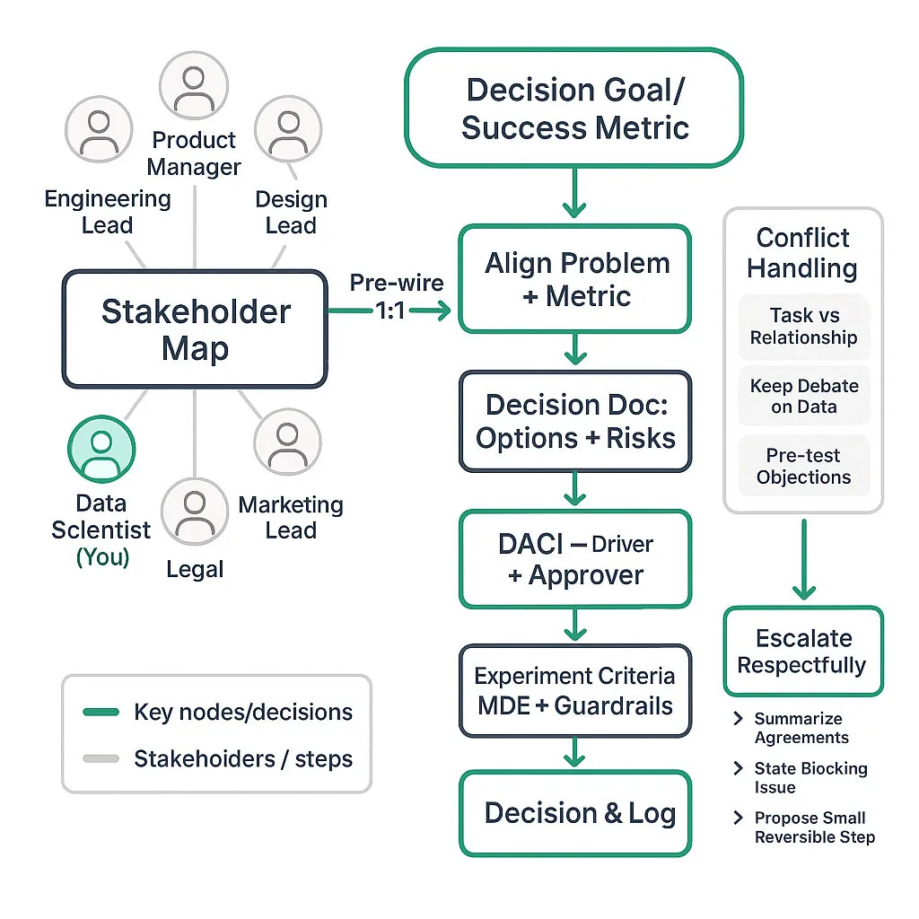 Clean diagram showing stakeholder map around a central decision goal and a stepwise decision flow: pre-wire, decision doc, DACI, experiment criteria, decision log, and escalation path.