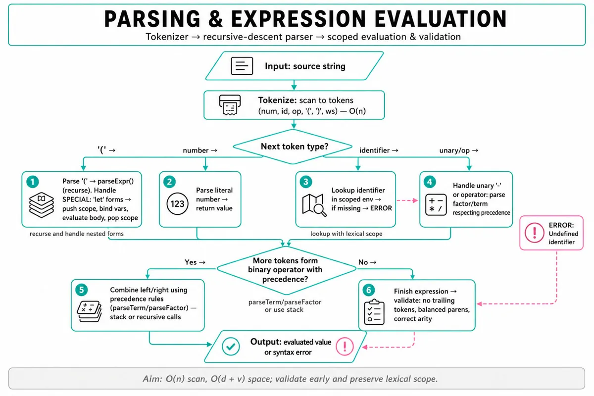 Top-to-bottom flowchart infographic showing tokenizer -> recursive-descent parse decisions (paren, number, identifier, unary) -> scoped env push/pop -> operator-precedence combine -> validate & output. Teal/pink pastel theme.