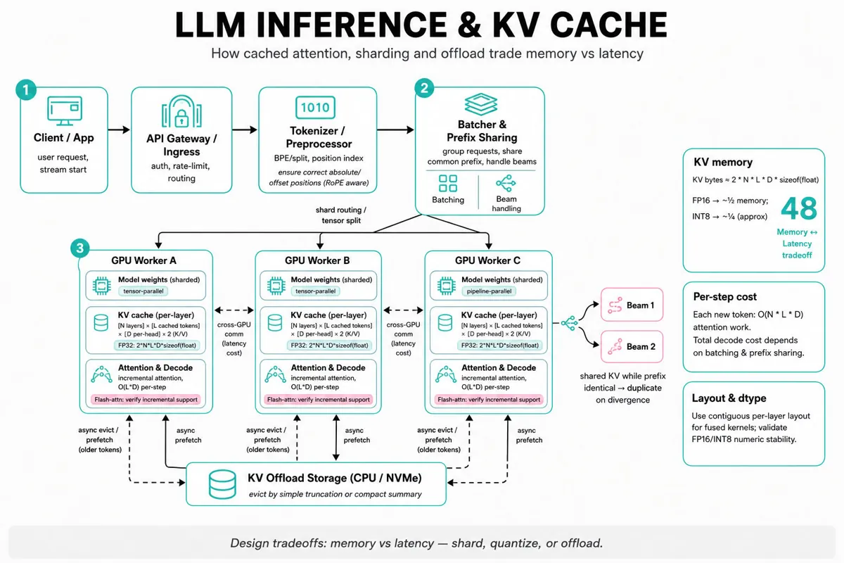 Left-to-right architecture diagram of LLM inference: client → API → tokenizer → batcher → sharded GPU workers with per-layer KV cache, dashed offload to CPU/NVMe, memory & cost callouts.