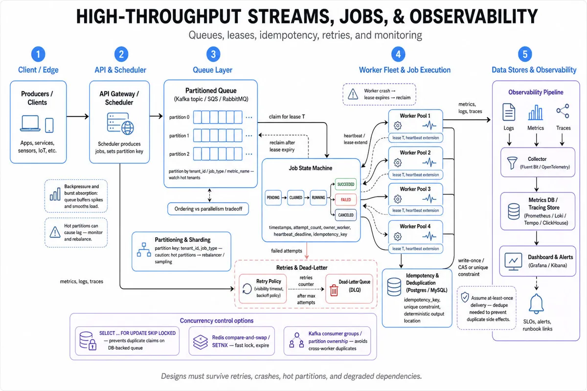 Left-to-right architecture infographic: producers → API gateway/scheduler → partitioned queue (Kafka) → worker pool with leases/heartbeats and job state machine; idempotency store, concurrency controls, retry/DLQ, and observability pipeline to dashboards.