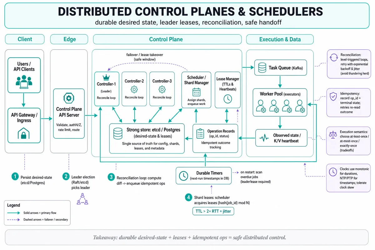Landscape architecture infographic showing clients -> API gateway -> control plane (etcd, API servers, leader election, controllers, scheduler, lease manager) -> durable timers & operation records -> worker pools and message queue; callouts for reconciliation loops, leases, idempotency, and observab