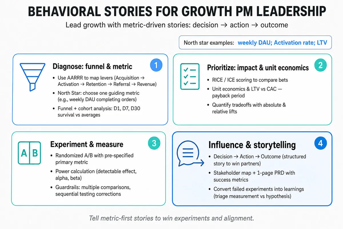 Editorial 2x2 matrix infographic: Diagnose (AARRR & funnel), Prioritize (RICE & LTV/CAC), Experiment & Measure (A/B, power calc), Influence & Storytelling (Decision → Action → Outcome highlighted).