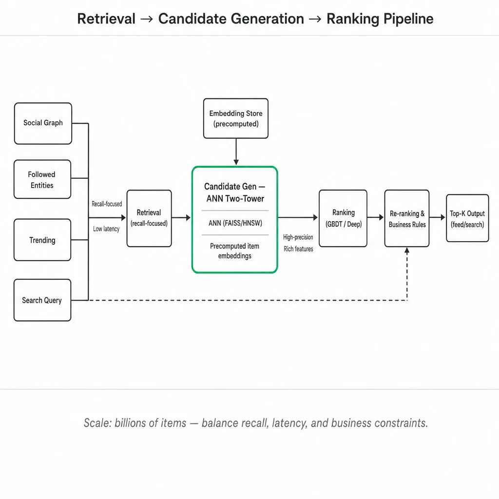 Square diagram of a horizontal multi-stage ML pipeline: sources → retrieval → highlighted candidate generation (ANN two-tower) → ranking → re-ranking → top-K output, with an embedding store feeding candidate gen.