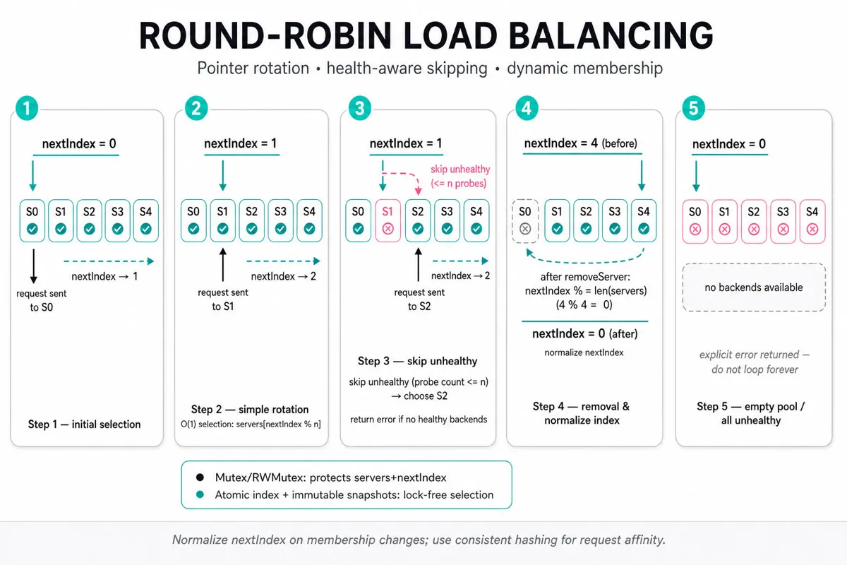 Five horizontal frames tracing a round-robin router: array of servers with a teal nextIndex pointer selecting servers, skipping unhealthy nodes, adjusting after removal, wrapping around, and showing empty-pool error.